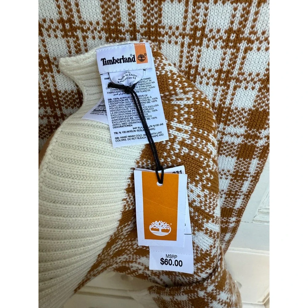 Timberland Plaid‎ Scarf Brown White Acrylic Knit Winter Warm Soft NWT